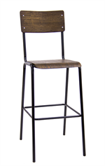 Black Metal Bar Stool with Veneer Back & Seat