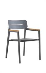 Indoor/Outdoor Aluminum Arm Chair in Dark Gray with Teak Wood Armrest Accents